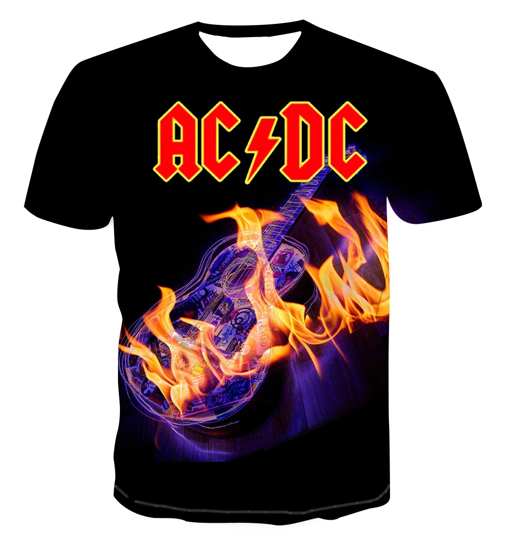 2024 Summer Fashion Men's T-Shirt AC/DC Metal Rock Band 3D Print O-Neck Top for Boys Casual Children's Wear