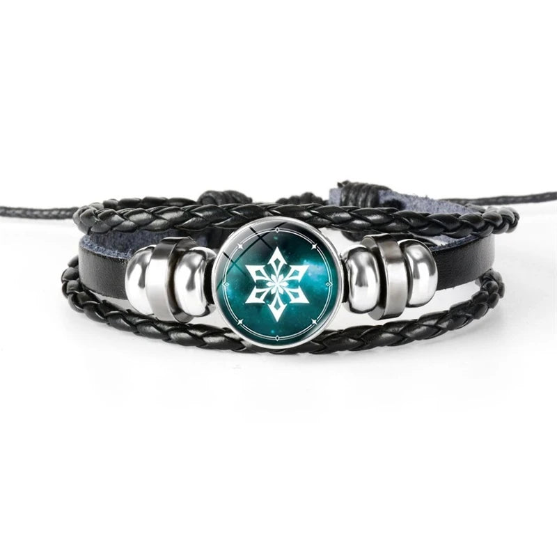 Klassisches Genshin Impact Cosplay-Armband – Elementarer Charm, mehrschichtiger Leder-Punk-Schmuck, Geschenk für Männer