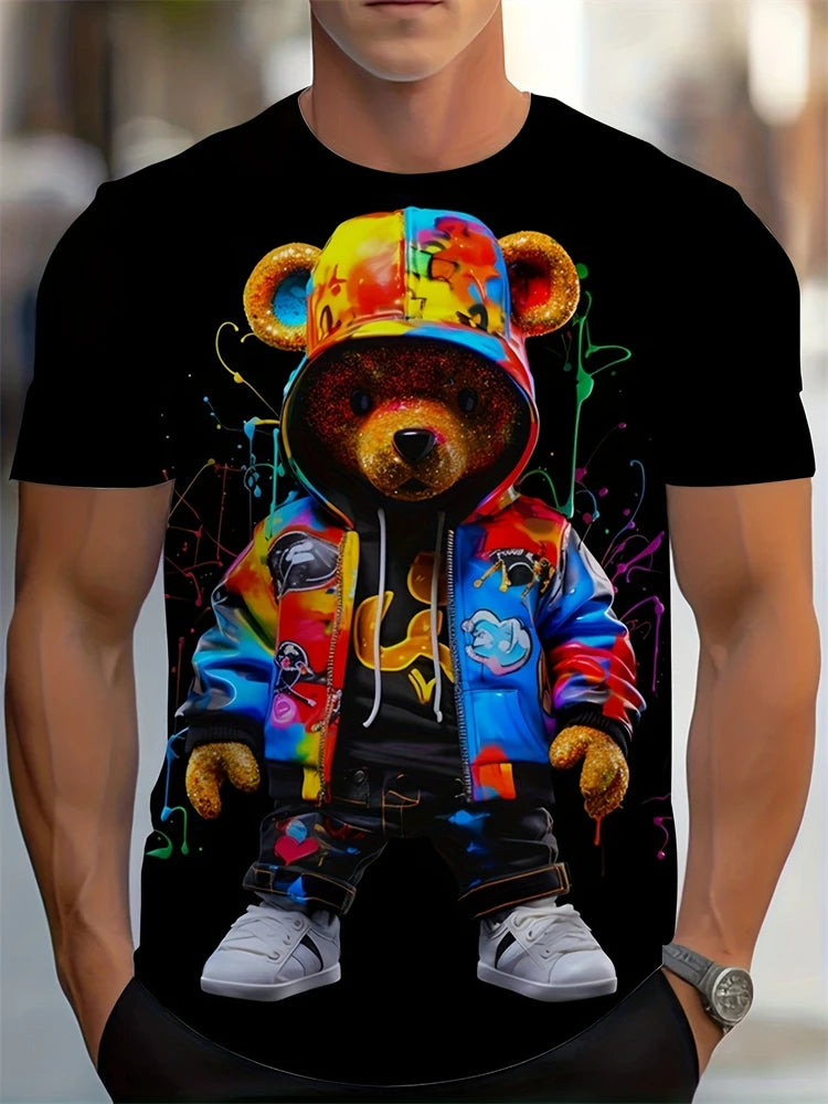 Hip-Hop Style Cartoon Bear Print T-Shirt Men’s Oversized Street Fashion Tee