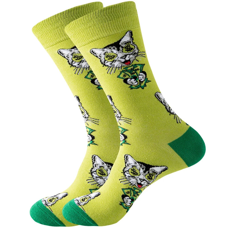 Neuartige Baumwollsocken mit Cartoon-Motiv für Herren 2023 Boxing Dollars Schachbretter Tier Große Größe Lange Socken