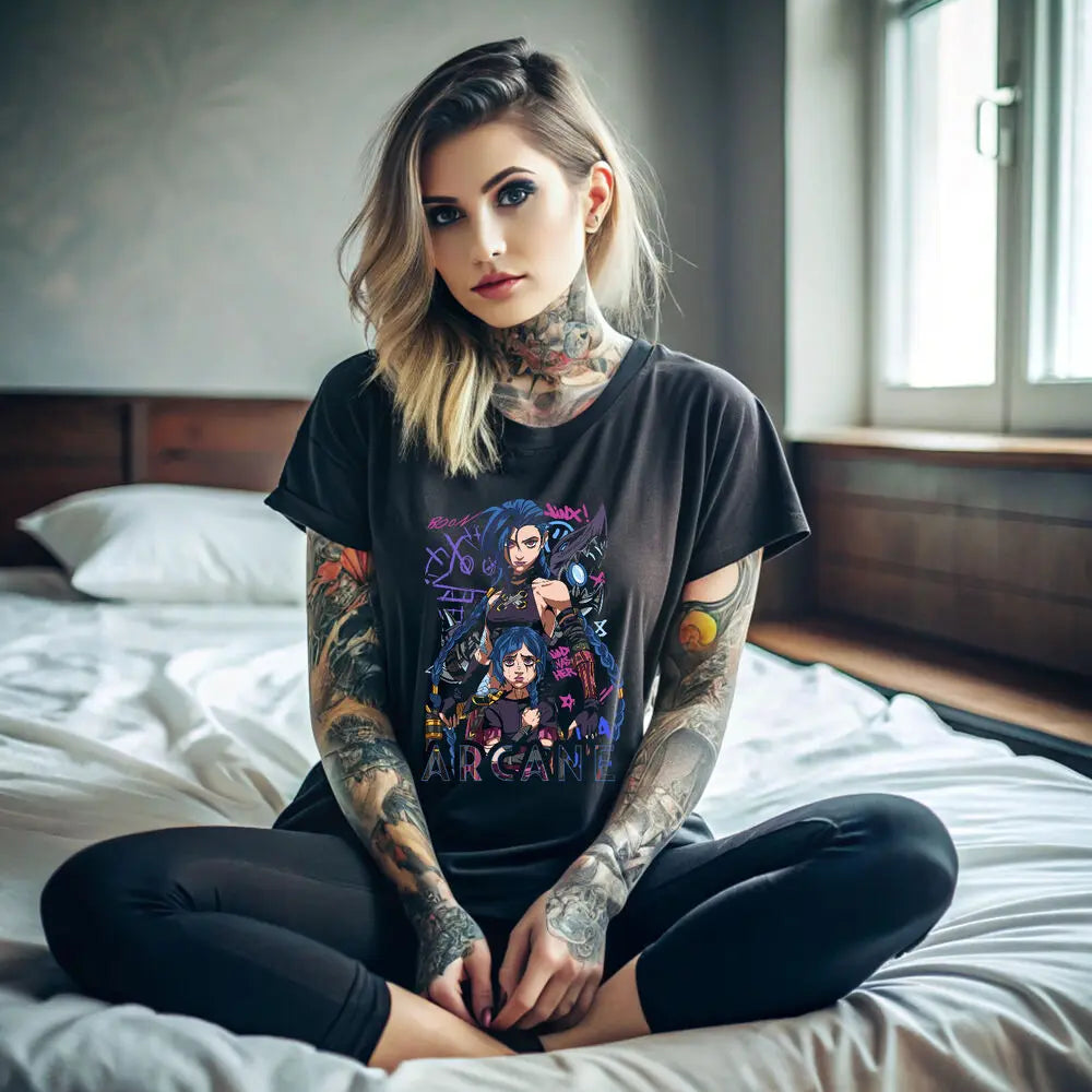 Jinx Arcane Black T-Shirt Japanese Anime Cartoon Design Short Sleeve for Men and Women Eye Catching