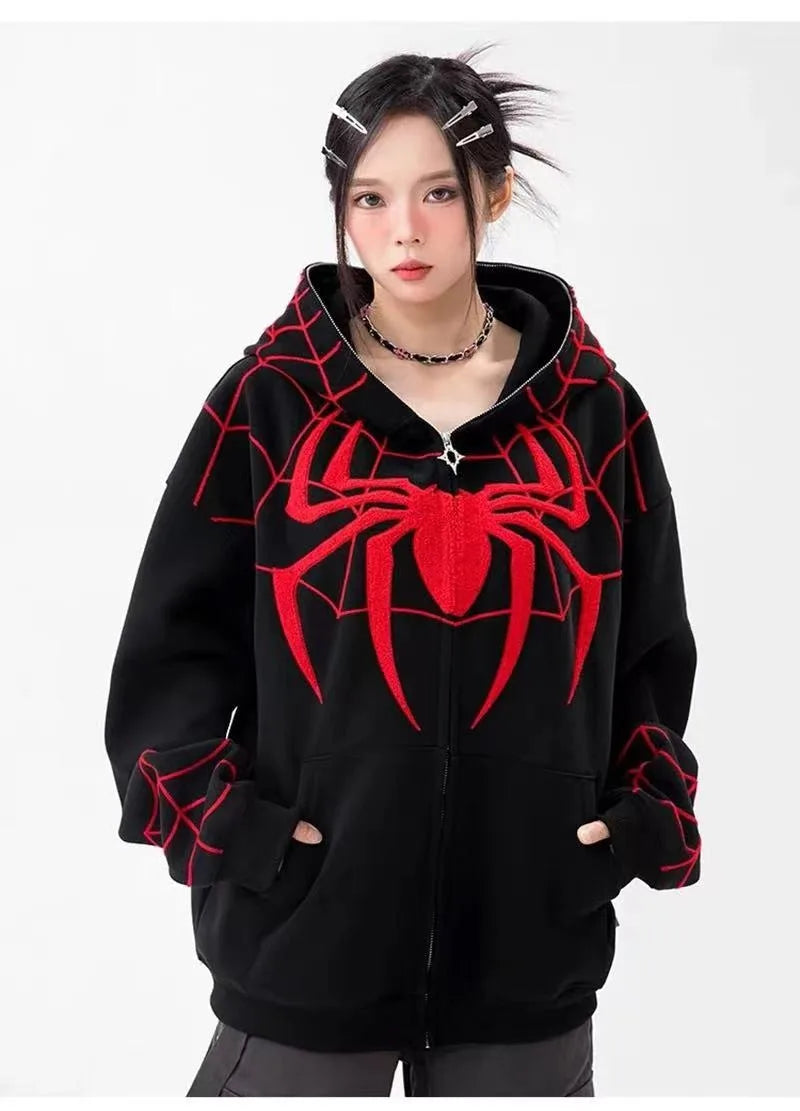 Gothic Y2K Spider Bestickter Reißverschluss-Kapuzenpullover – Übergroßes Harajuku Hip Hop Sweatshirt für Männer & Frauen