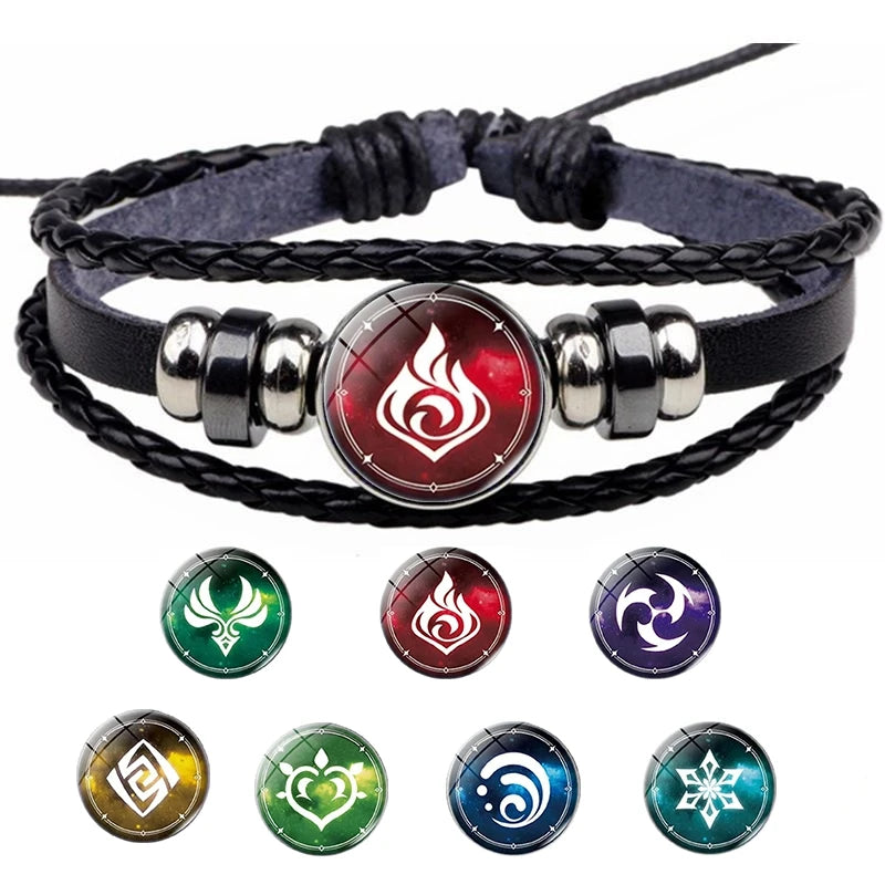 Klassisches Genshin Impact Cosplay-Armband – Elementarer Charm, mehrschichtiger Leder-Punk-Schmuck, Geschenk für Männer