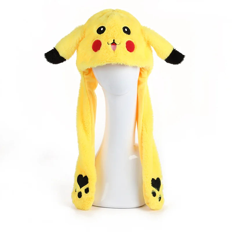 Neue Pokémon Kawaii Pikachu Beanie-Mütze – Bewegliche Hasenohren und glänzende Ohrenklappen, lässige Tiermütze, Geburtstagsgeschenk