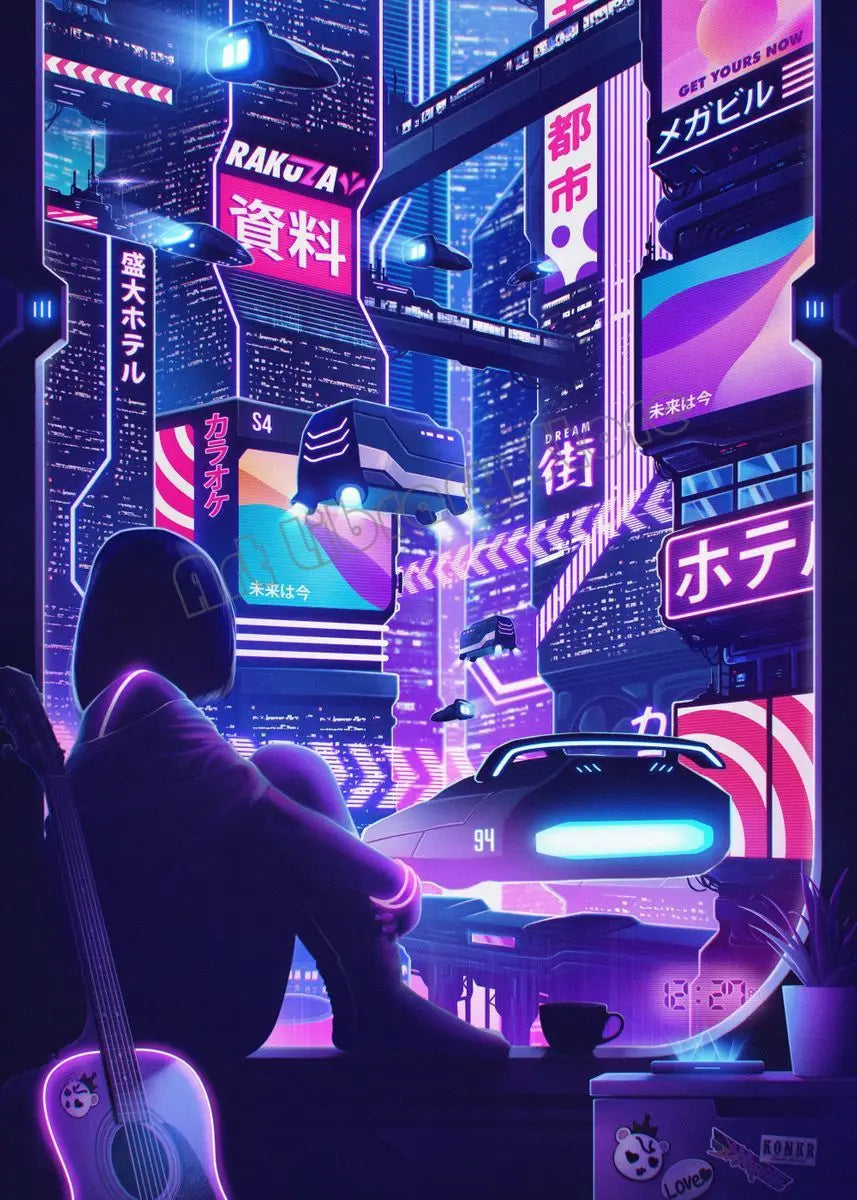 Tokyo Japanese Neon Futuristic Night City Scene Anime Painting Wall Art Pictures Home Room