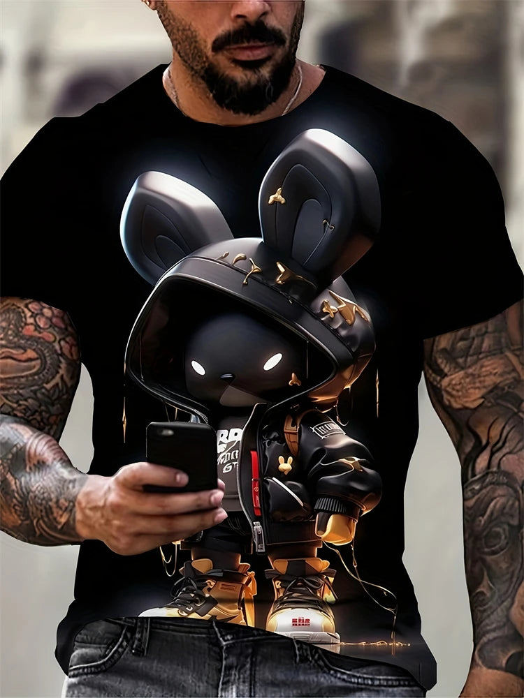 Hip-Hop Style Cartoon Bear Print T-Shirt Men’s Oversized Street Fashion Tee