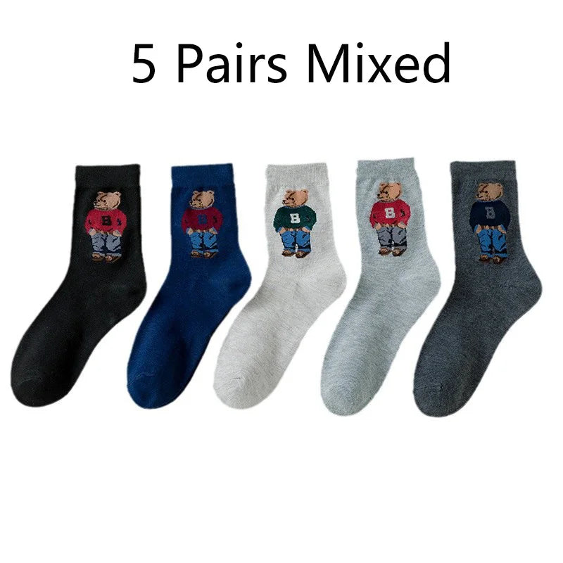 Lot de 5 paires de chaussettes en coton à motif d'ours de dessin animé - Style skateboard Harajuku confortable