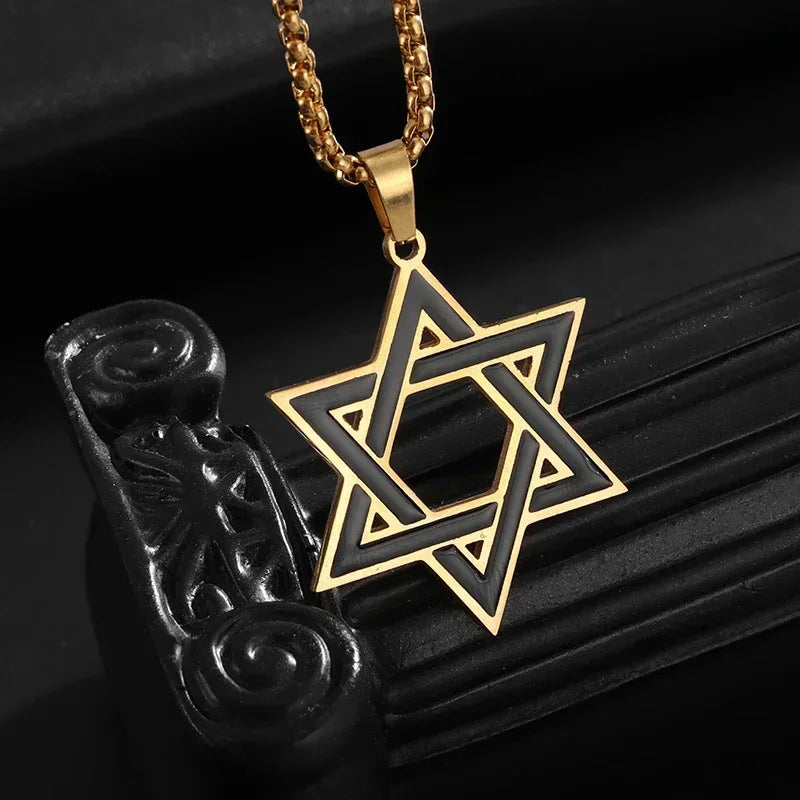 Retro Punk Solomon Seal Necklace – Hexagonal Stainless Steel Star of David Pendant for Men & Women