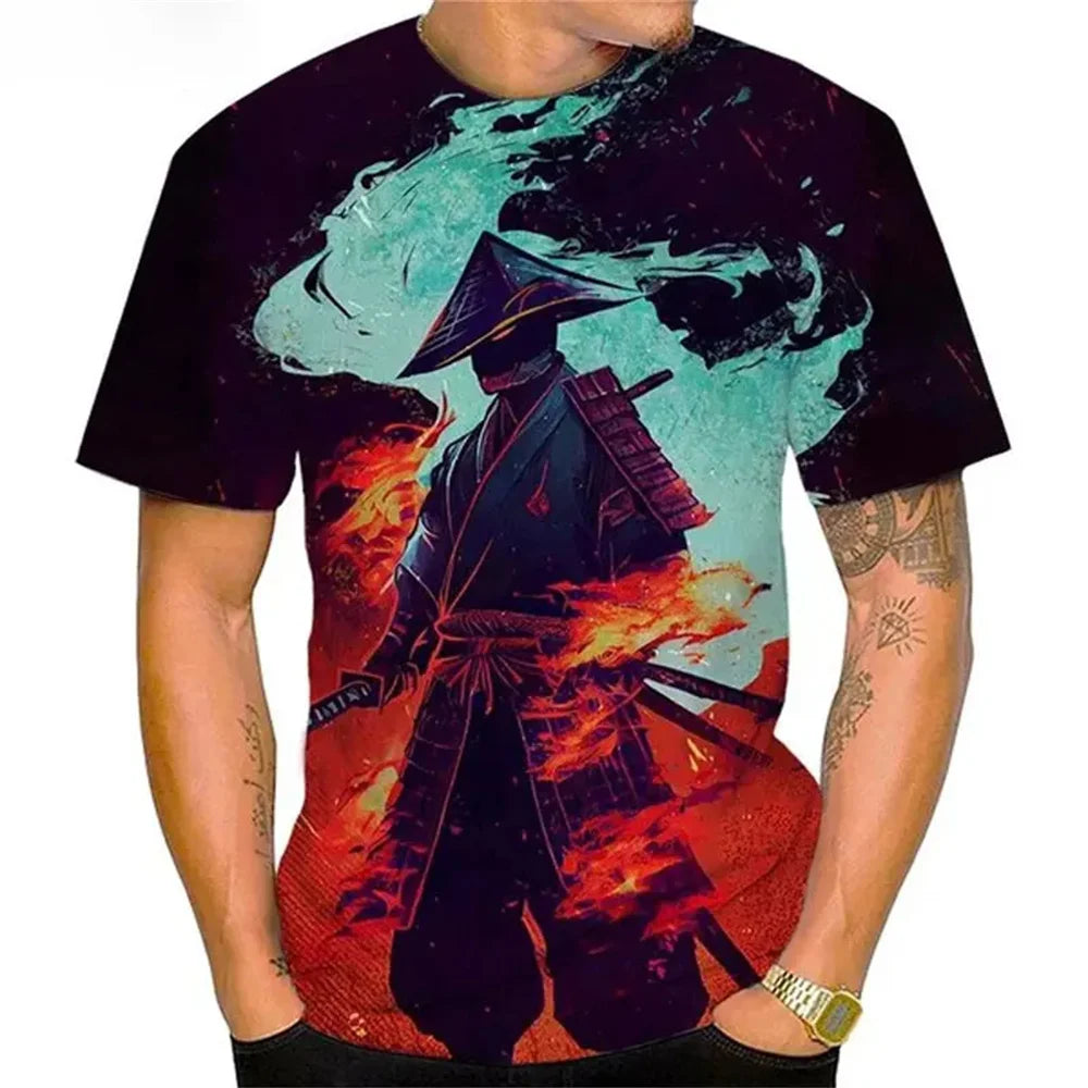 Samurai Pattern T-Shirt – Fashionable Casual Anime 3D Style Men's Summer Tee