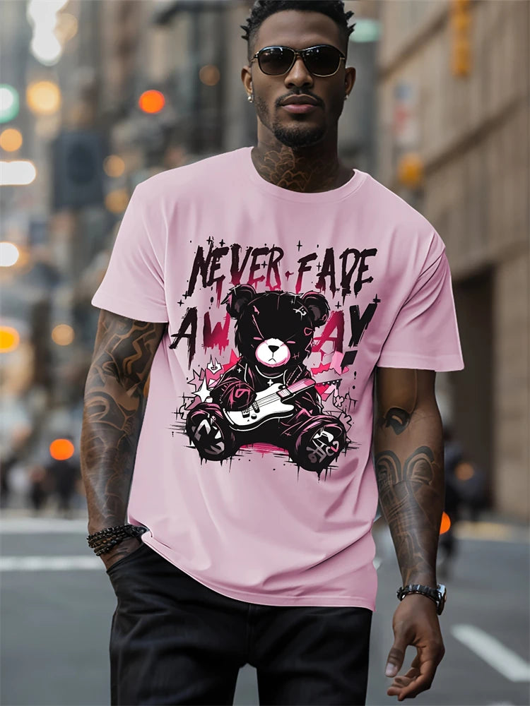 Hip-Hop Style Cartoon Bear Print T-Shirt Men’s Oversized Street Fashion Tee