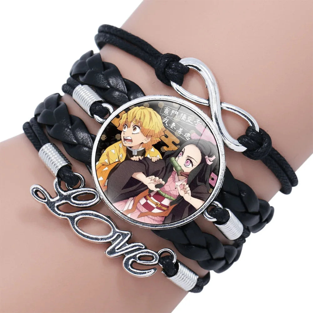 Geflochtenes Armband aus Dämonentöter – Kimetsu No Yaiba Tanjirou Cosplay, Glas-Leder-Armreif, Schmuckgeschenk
