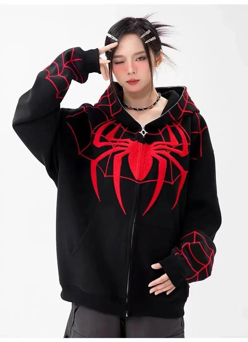 Gothic Y2K Spider Bestickter Reißverschluss-Kapuzenpullover – Übergroßes Harajuku Hip Hop Sweatshirt für Männer & Frauen