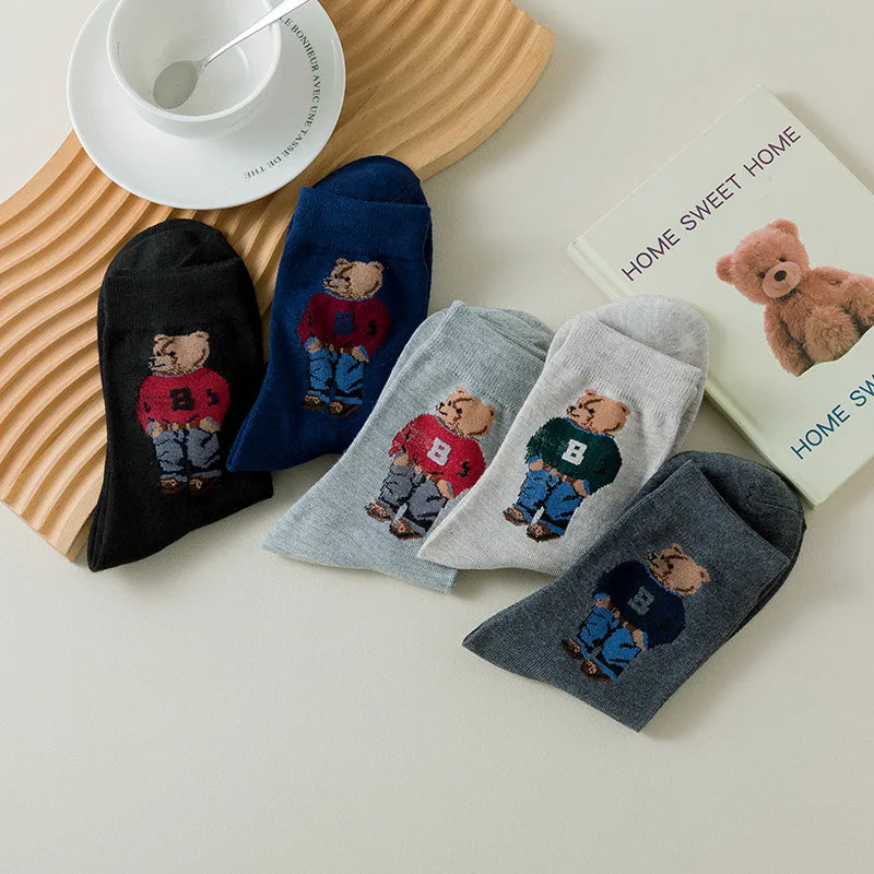 Lot de 5 paires de chaussettes en coton à motif d'ours de dessin animé - Style skateboard Harajuku confortable