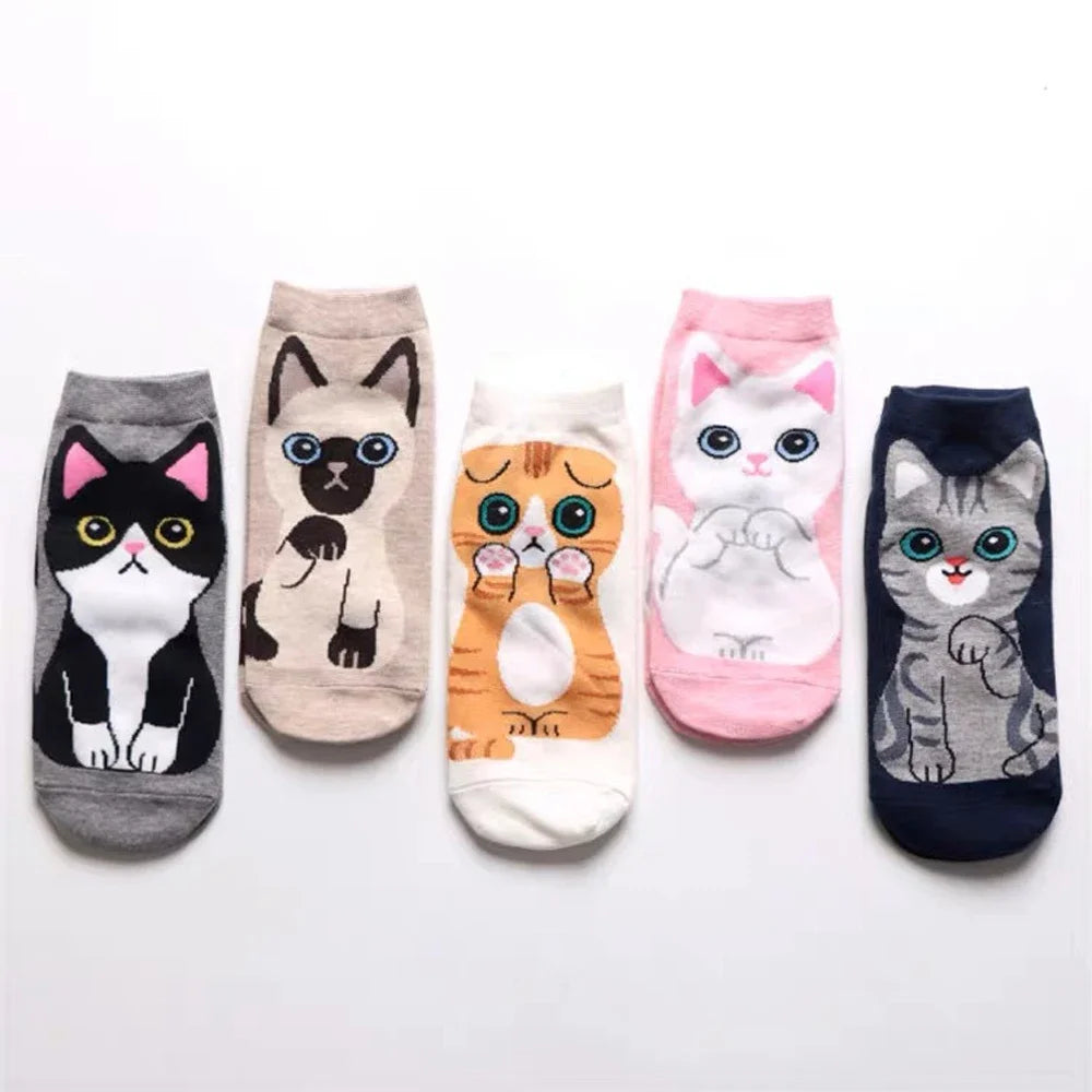 SHXI Damen-Söckchen mit Cartoon-Motiv, süße Katze, atmungsaktiv, bis zur Mitte der Wade, für die Freizeit und den kurzen Gebrauch