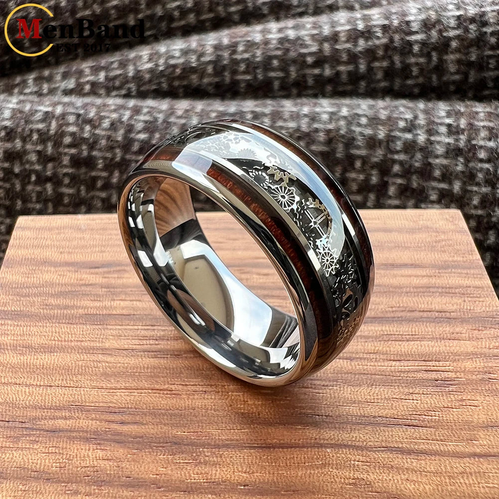 Bague dentée en tungstène de 10 mm – Alliance de mariage avec incrustations de bois bombées, coupe confortable pour hommes et femmes