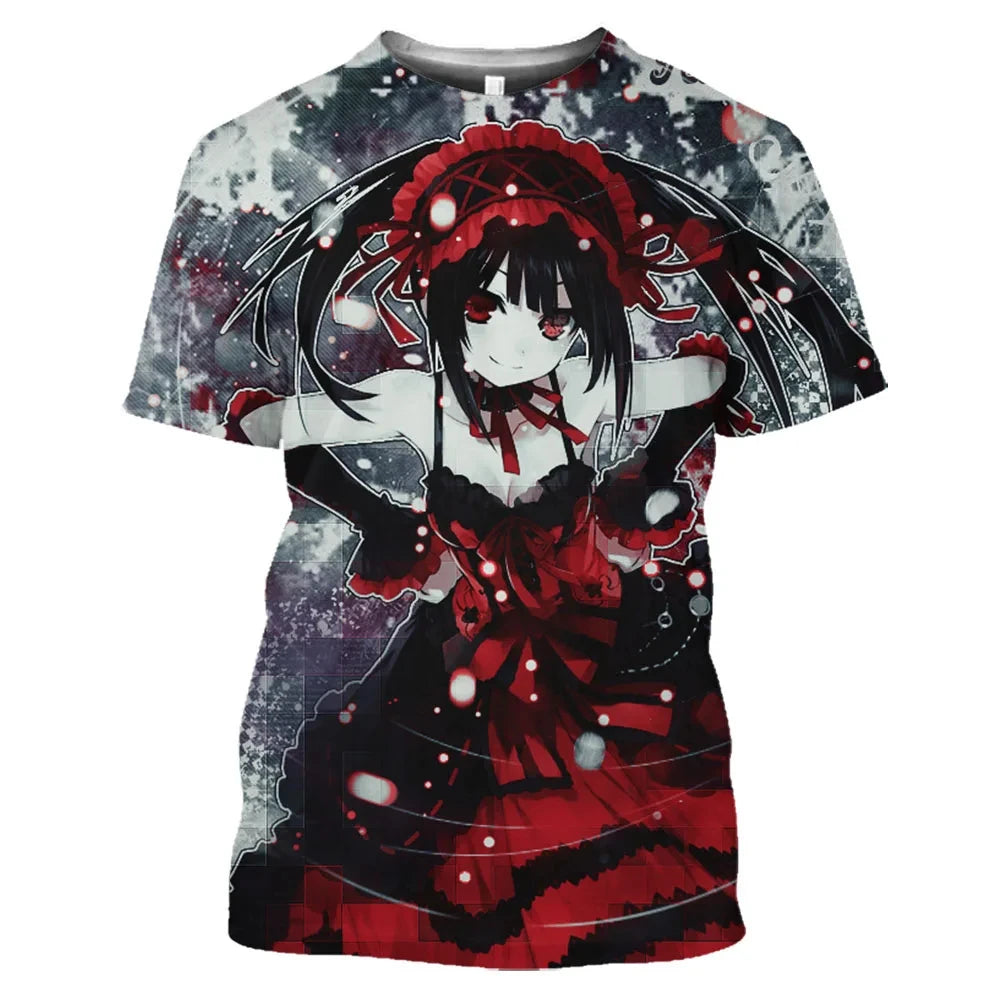 Anime Character Tokisaki Kurumi Print T-Shirt 3D Short Sleeve Summer Fashion Harajuku Style Cartoon Top for Men/Women Kids