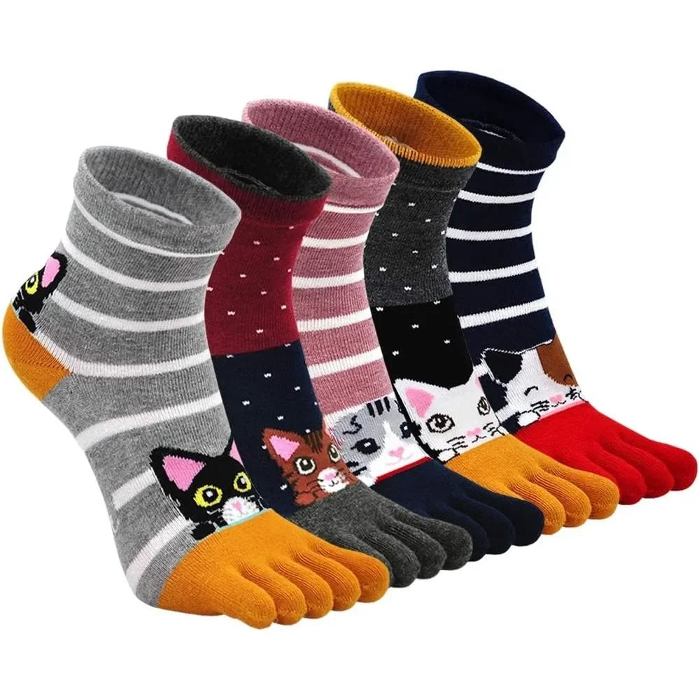 Süße Söckchen mit Katzen- und Hundemotiv für Damen, Baumwolle, für sportliches Laufen, Fünf-Finger-Design, auffälliges modisches Schuhwerk