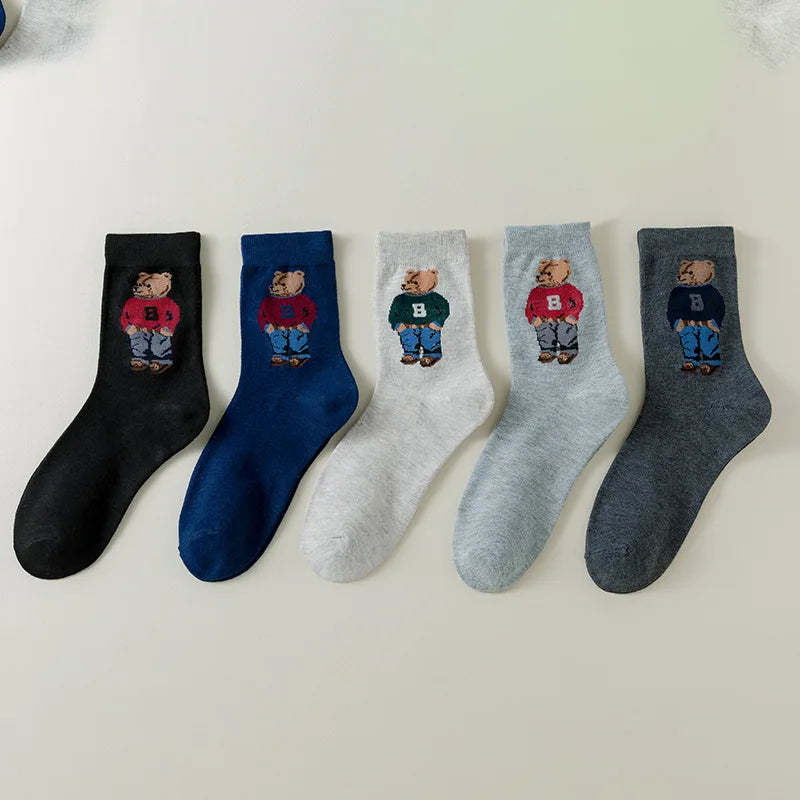 Lot de 5 paires de chaussettes en coton à motif d'ours de dessin animé - Style skateboard Harajuku confortable