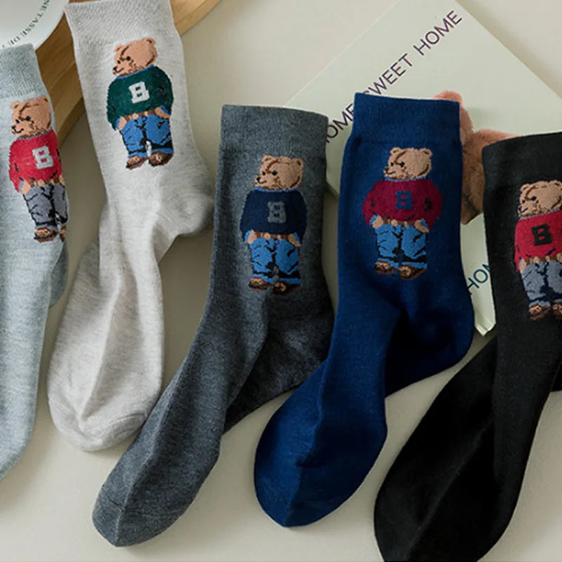 Lot de 5 paires de chaussettes en coton à motif d'ours de dessin animé - Style skateboard Harajuku confortable