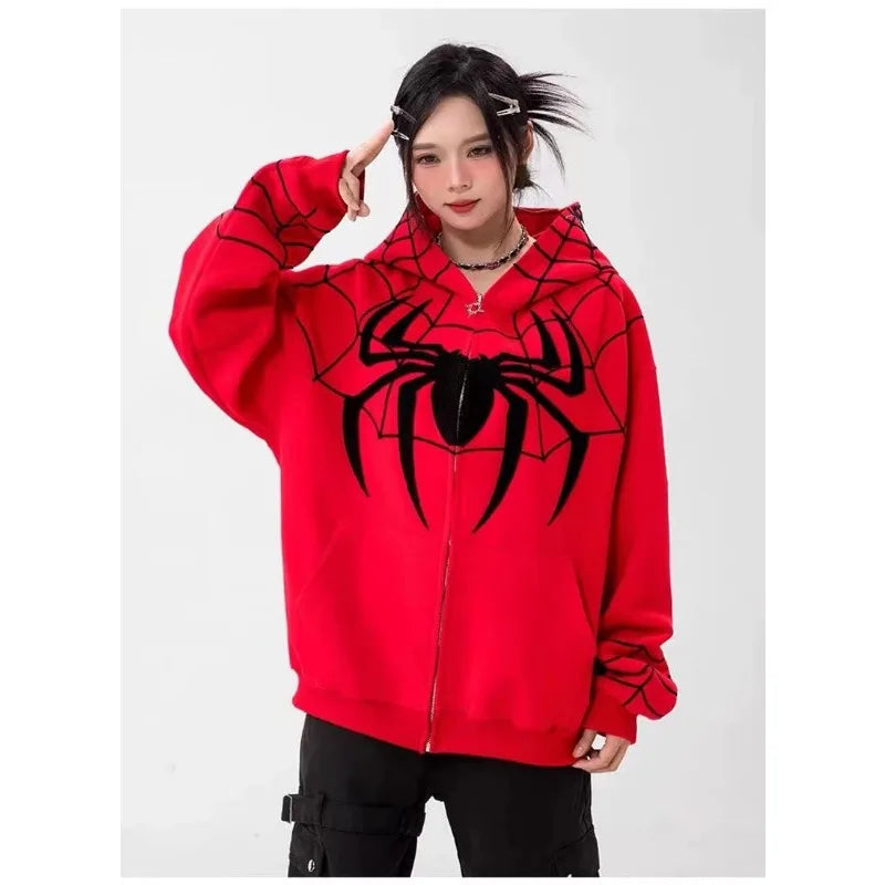 Gothic Y2K Spider Bestickter Reißverschluss-Kapuzenpullover – Übergroßes Harajuku Hip Hop Sweatshirt für Männer & Frauen
