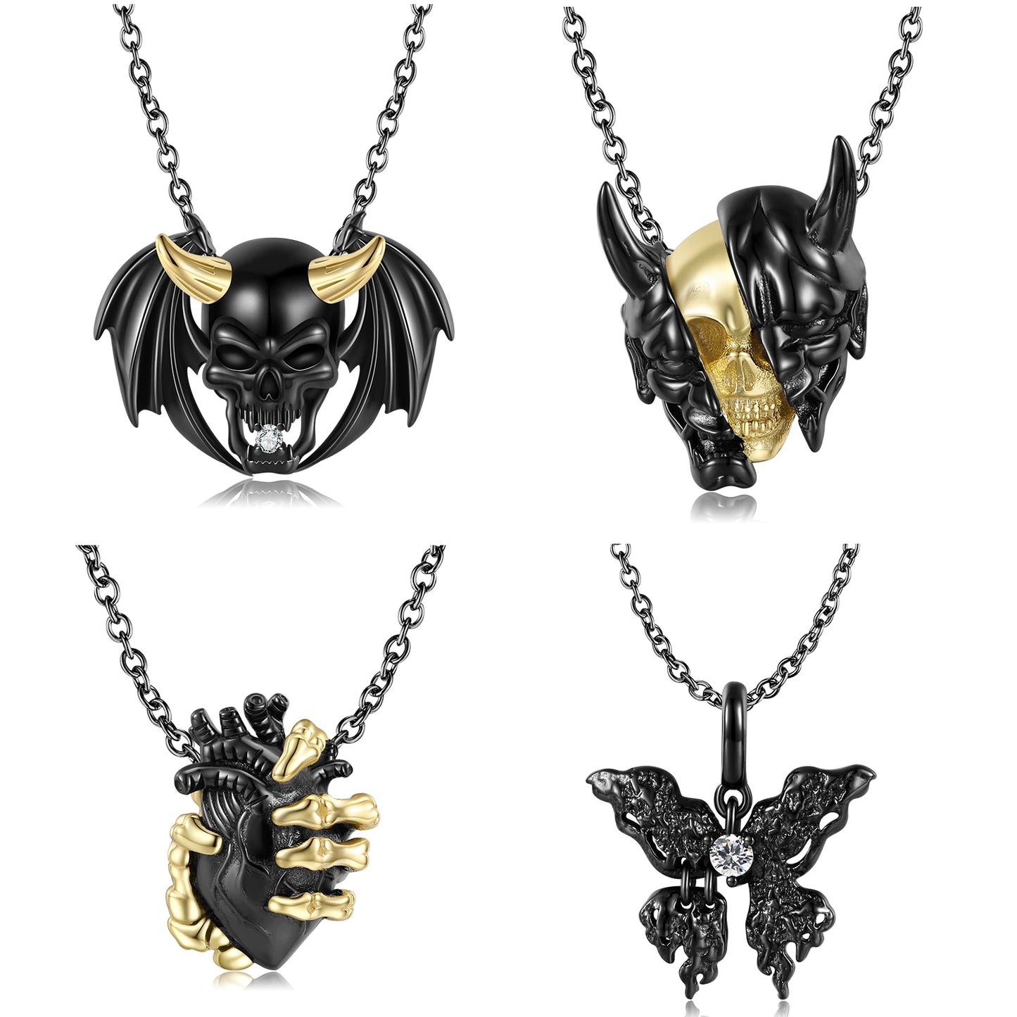 Collier en argent sterling 925 Jiuhao – Pendentif papillon aile de diable noir et masque squelette