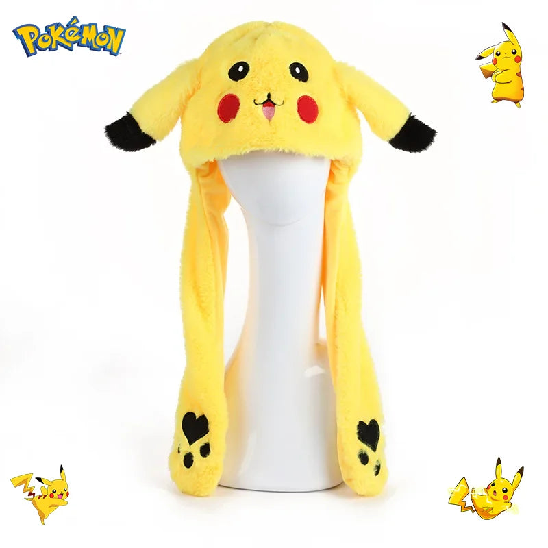 Neue Pokémon Kawaii Pikachu Beanie-Mütze – Bewegliche Hasenohren und glänzende Ohrenklappen, lässige Tiermütze, Geburtstagsgeschenk