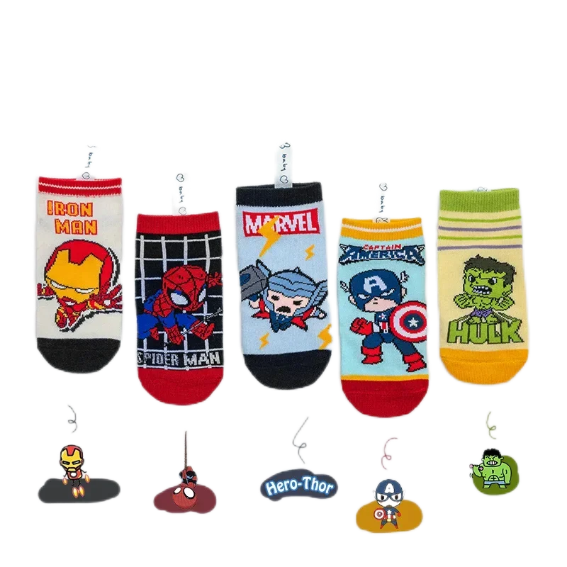 Lot de 5 paires de chaussettes pour enfants Spiderman et Avengers – Chaussettes courtes bateau de dessin animé pour garçons (1 à 12 ans)
