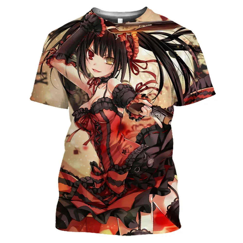 Anime Character Tokisaki Kurumi Print T-Shirt 3D Short Sleeve Summer Fashion Harajuku Style Cartoon Top for Men/Women Kids