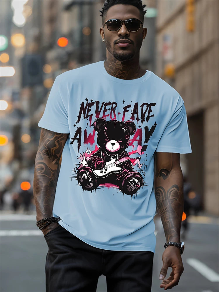 Hip-Hop Style Cartoon Bear Print T-Shirt Men’s Oversized Street Fashion Tee