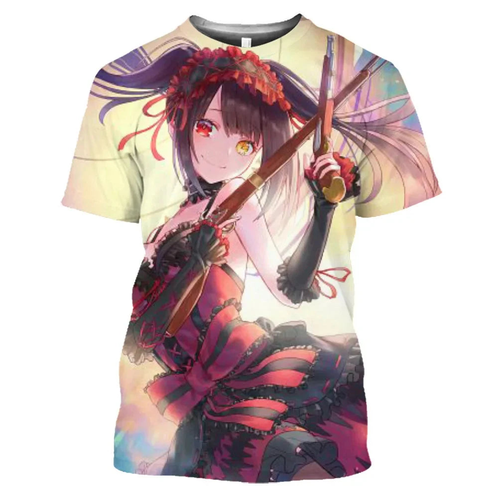 Anime Character Tokisaki Kurumi Print T-Shirt 3D Short Sleeve Summer Fashion Harajuku Style Cartoon Top for Men/Women Kids