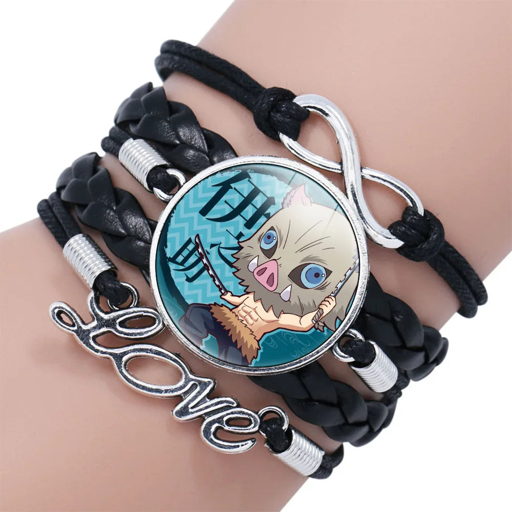 Geflochtenes Armband aus Dämonentöter – Kimetsu No Yaiba Tanjirou Cosplay, Glas-Leder-Armreif, Schmuckgeschenk