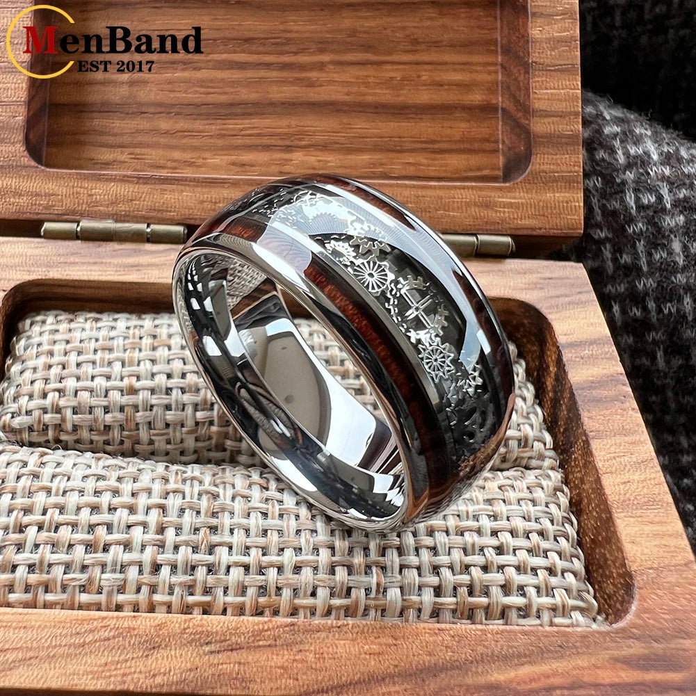 Bague dentée en tungstène de 10 mm – Alliance de mariage avec incrustations de bois bombées, coupe confortable pour hommes et femmes