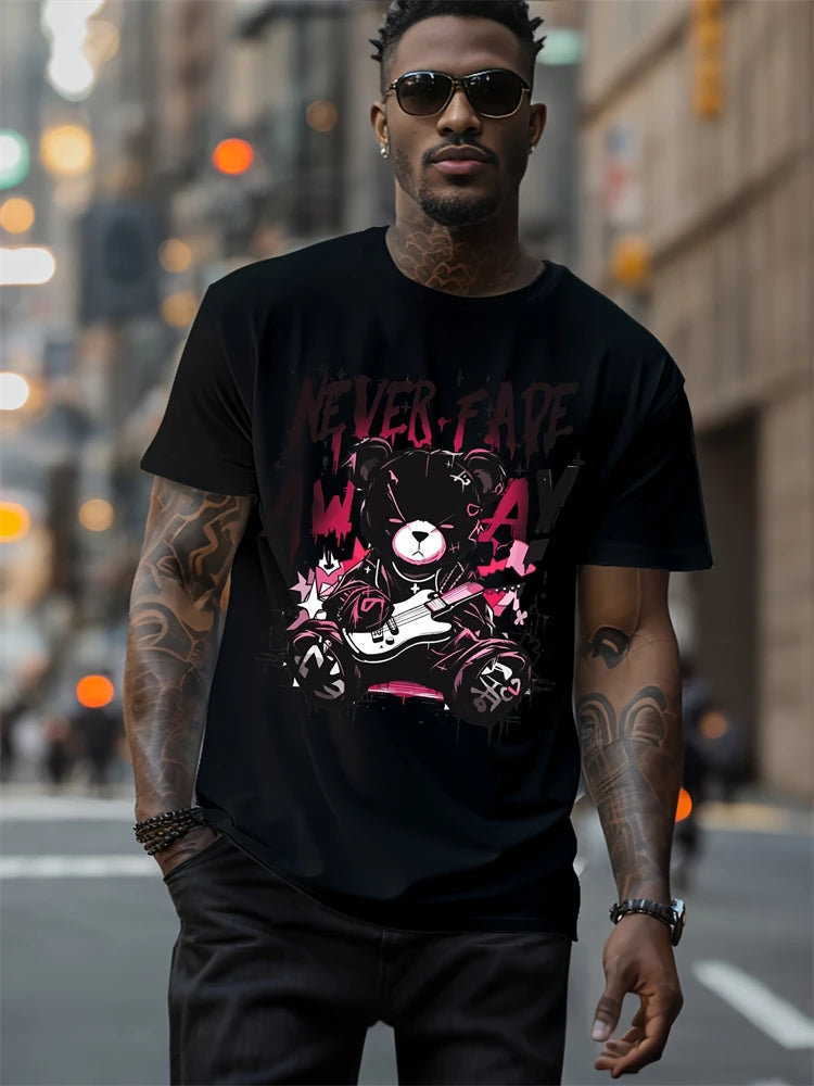 Hip-Hop Style Cartoon Bear Print T-Shirt Men’s Oversized Street Fashion Tee