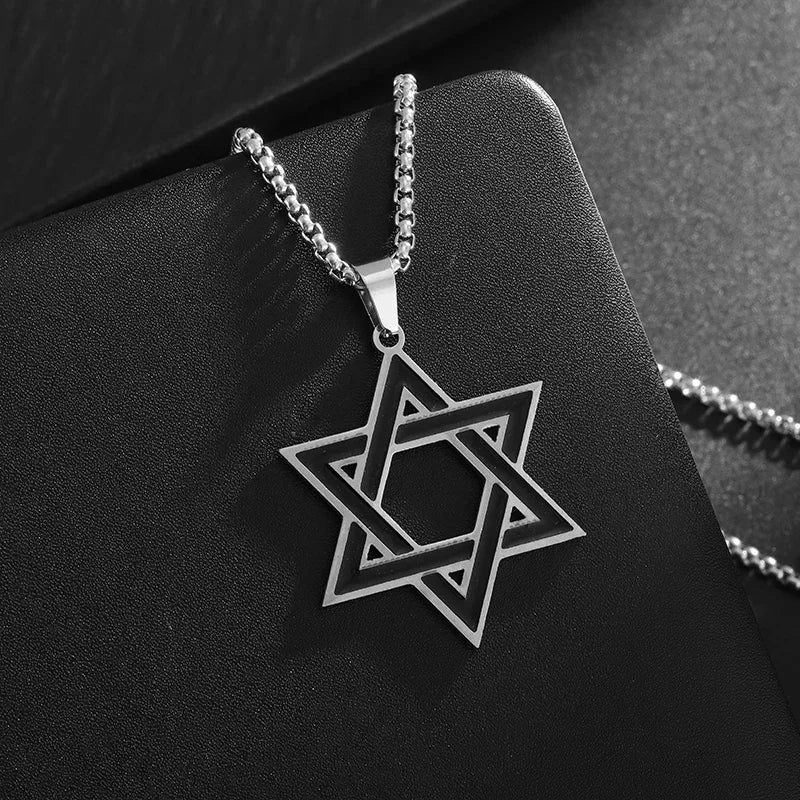 Retro Punk Solomon Seal Necklace – Hexagonal Stainless Steel Star of David Pendant for Men & Women