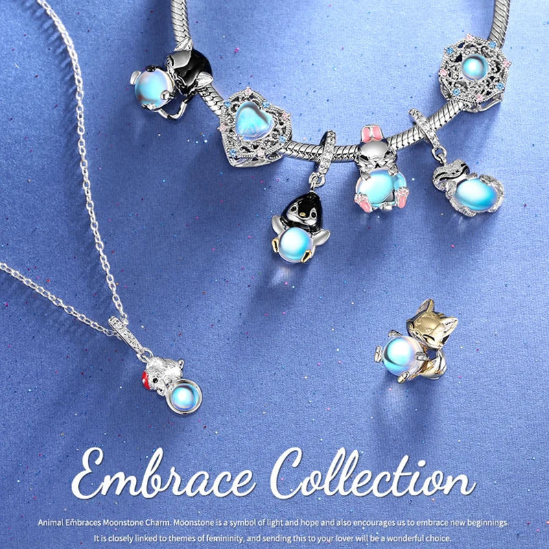 JIUHAO 925 Sterling Silber Mondstein-Anhänger - Rosa Kaninchen & Katzen-Design | DIY-Charms für Armbänder & Armreifen