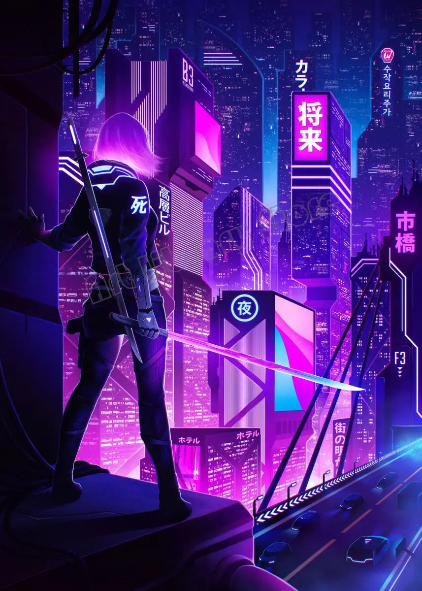 Tokyo Japanese Neon Futuristic Night City Scene Anime Painting Wall Art Pictures Home Room