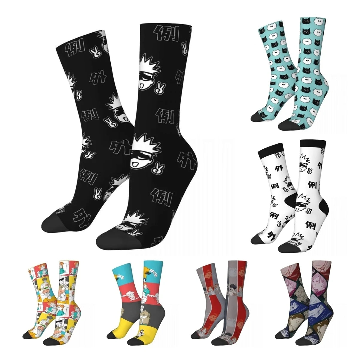 Retro Jujutsu Kaisen Sportsocken – Niedliche Gojo Sensei Polyester-Mittelröhre, Unisex & Schweißabsorbierend
