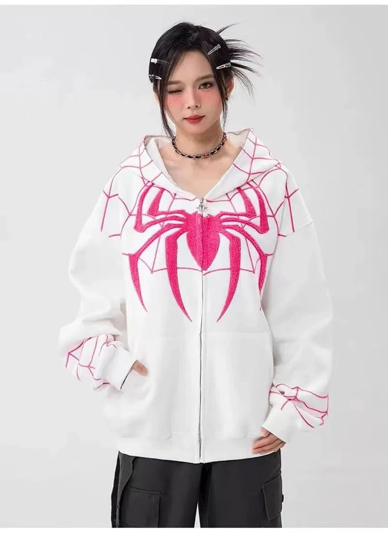 Gothic Y2K Spider Bestickter Reißverschluss-Kapuzenpullover – Übergroßes Harajuku Hip Hop Sweatshirt für Männer & Frauen