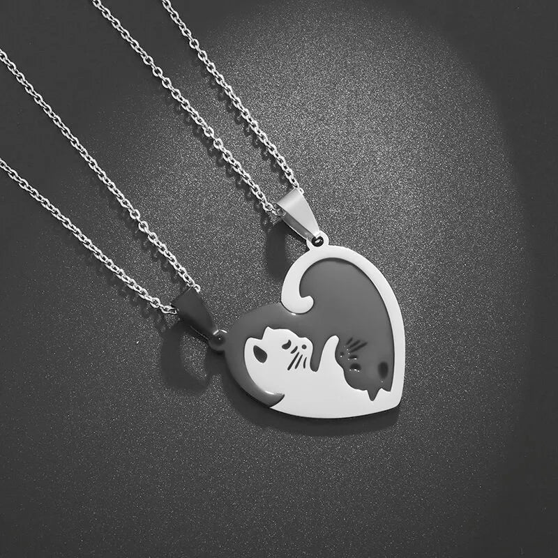 Hot Hug Love Pet Cat Couple Necklace – Stainless Steel BFF Pendant for Men & Women, Friendship Jewelry Gift