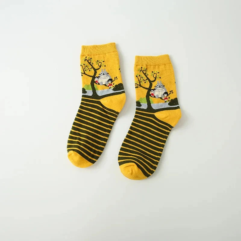 Anime Big Cat & Calcifer Socken – Halbtransparentes Cartoon-Design