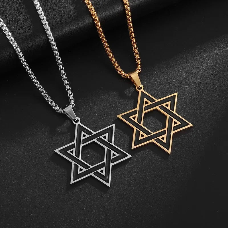 Retro Punk Solomon Seal Necklace – Hexagonal Stainless Steel Star of David Pendant for Men & Women