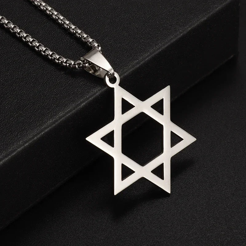Retro Punk Solomon Seal Necklace – Hexagonal Stainless Steel Star of David Pendant for Men & Women