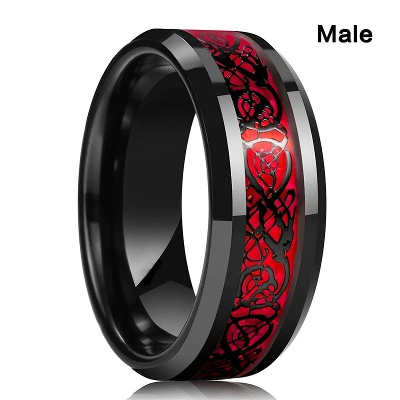 Keltische Drachenringe für Paare – Edelstahl für Männer und herzförmiger Ehering mit rotem Zirkon für Frauen | Schmuckset zum Valentinstag