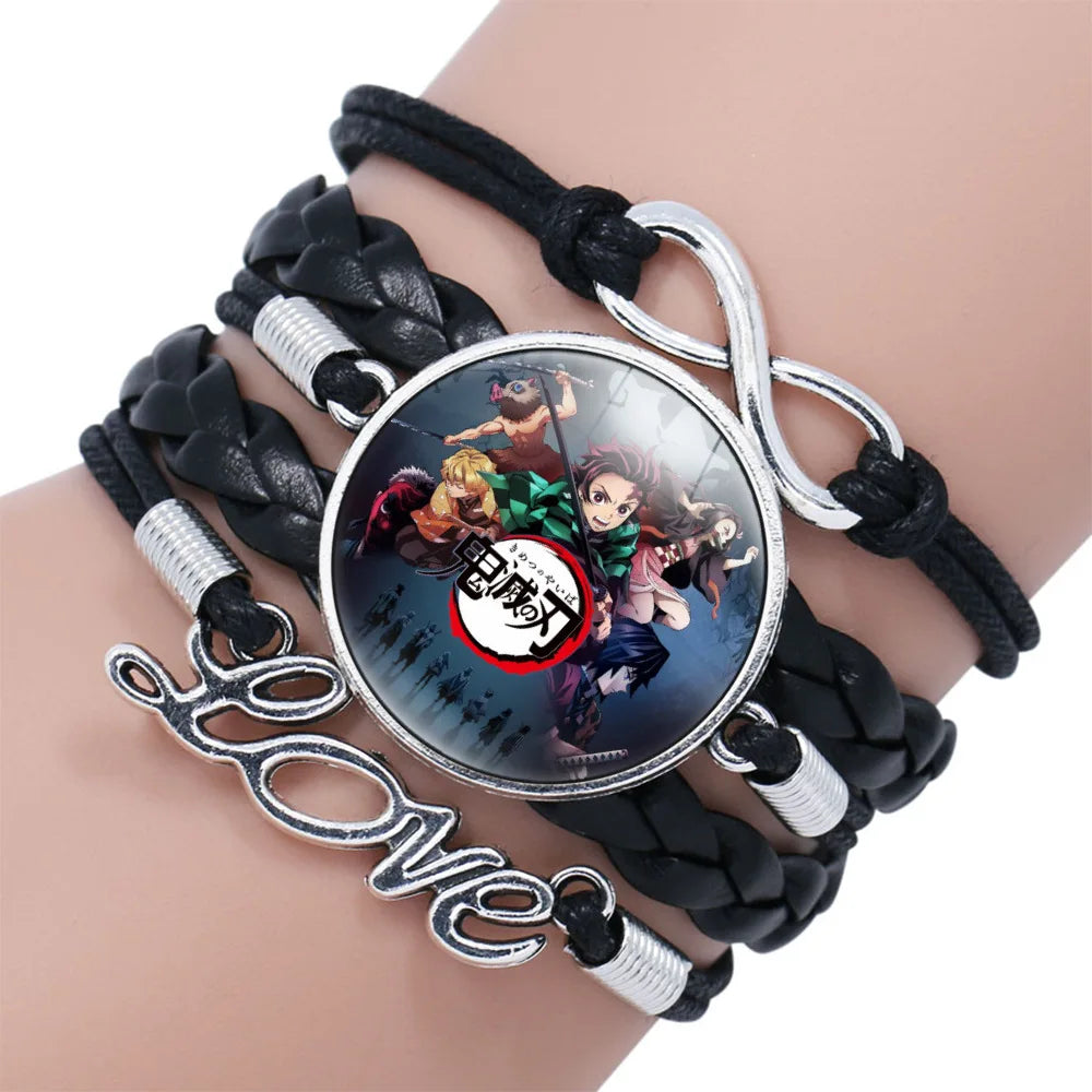 Geflochtenes Armband aus Dämonentöter – Kimetsu No Yaiba Tanjirou Cosplay, Glas-Leder-Armreif, Schmuckgeschenk