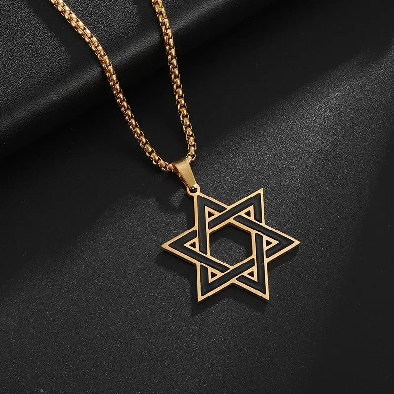 Retro Punk Solomon Seal Necklace – Hexagonal Stainless Steel Star of David Pendant for Men & Women