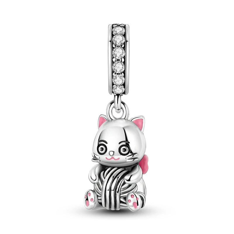 925 Sterling Silber Süßer Katzenanhänger – Pfotenabdruck-Perlenanhänger für selbstgemachte Armbänder