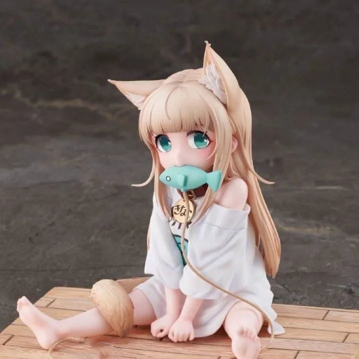 Figurine d'anime Cat Is A Kawaii Girl 8cm PVC Hobby Farine de soja S'asseoir et manger du poisson Petites décorations de voiture