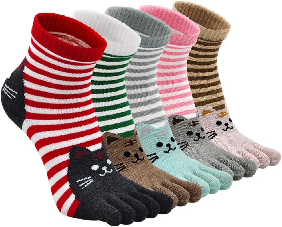 Süße Söckchen mit Katzen- und Hundemotiv für Damen, Baumwolle, für sportliches Laufen, Fünf-Finger-Design, auffälliges modisches Schuhwerk