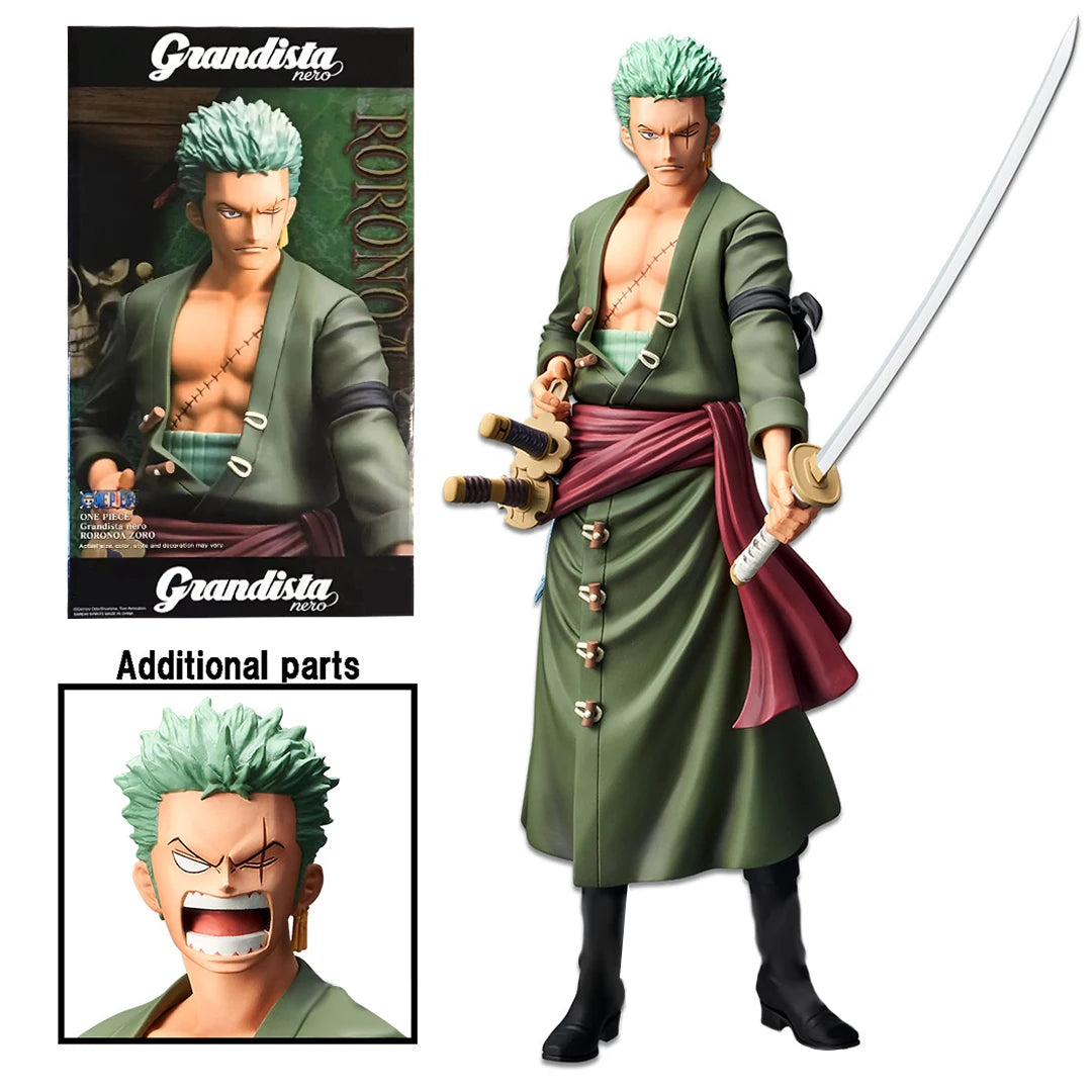 Figurine One Piece Grandista Roronoa Zoro – Modèle à tête interchangeable avec scène de confrontation à l'épée