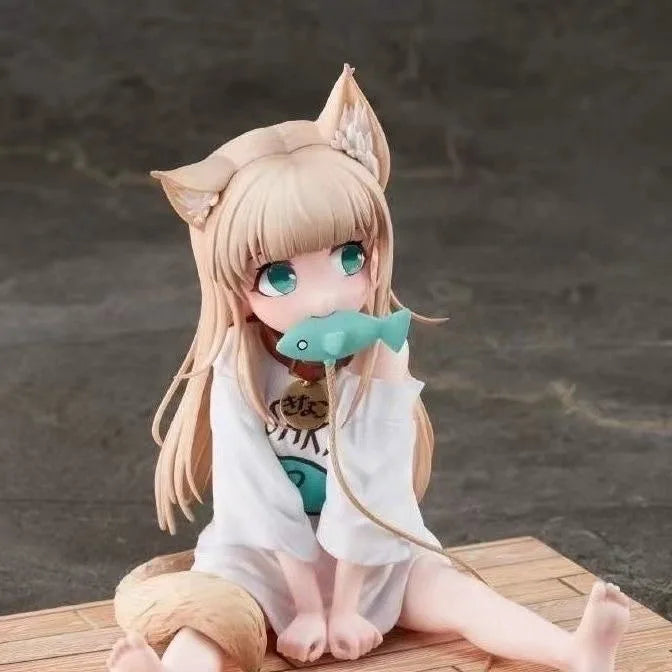 Figurine d'anime Cat Is A Kawaii Girl 8cm PVC Hobby Farine de soja S'asseoir et manger du poisson Petites décorations de voiture